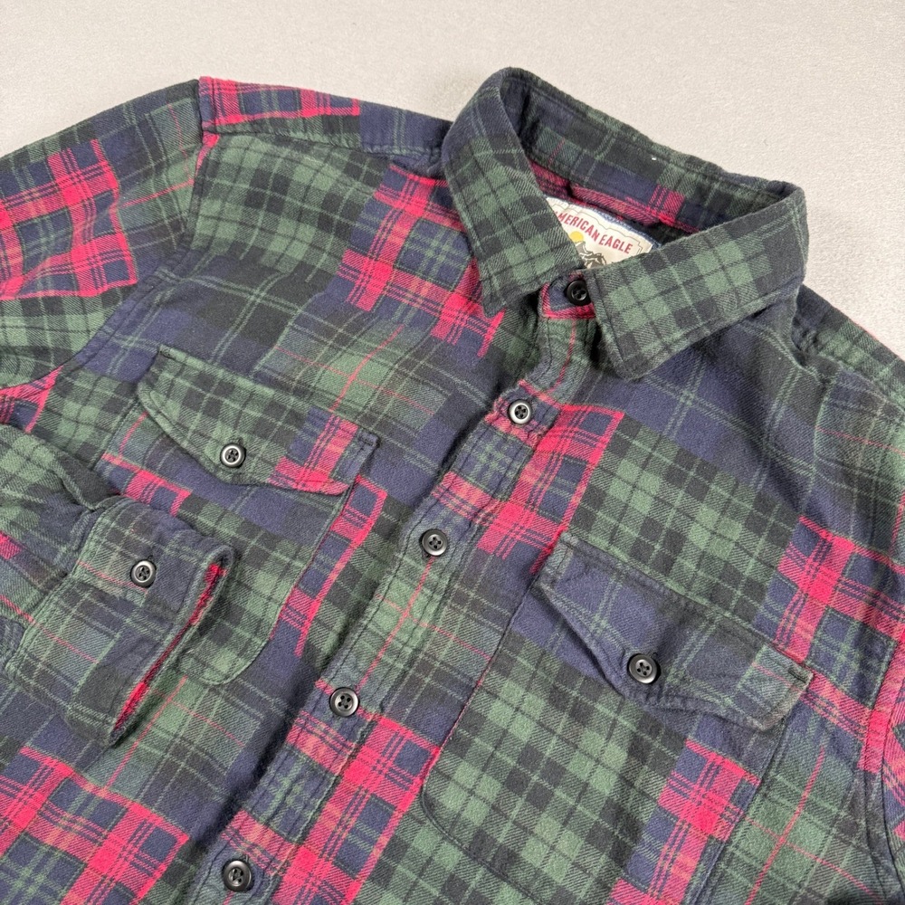 American Eagle Mens Flannel Shirt Large Green Red Cotton Plaid Patchwork EUC